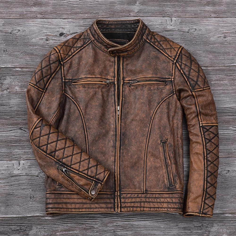 Çin Beden Vintage Erkek Kahverengi Deri Ceket Genine İnek Derisi Motosiklet Stili İnek Ceketleri Erkekler için Sonbahar