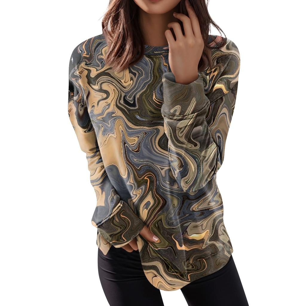 Topuri pentru damă cu gât rotund Bumbac Moda ocazională pentru femei cu imprimeu floral cu mânecă lungă cu decolteu în formă de pulover Bluză