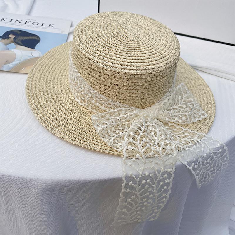 Women's Summer Beach Photo-Ready Straw Lace Hat Vacation Style Fisherman Hat Beach Wide Brim Sun Protection Hat Straw Material with Lace Details