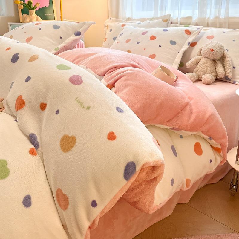Thickened Milk Fleece Four-Piece Set, Coral Flannel Quilt Cover, Double-Sided Fleece Bed Sheet Quilt Cover, Bed Hat Three-Piece Set