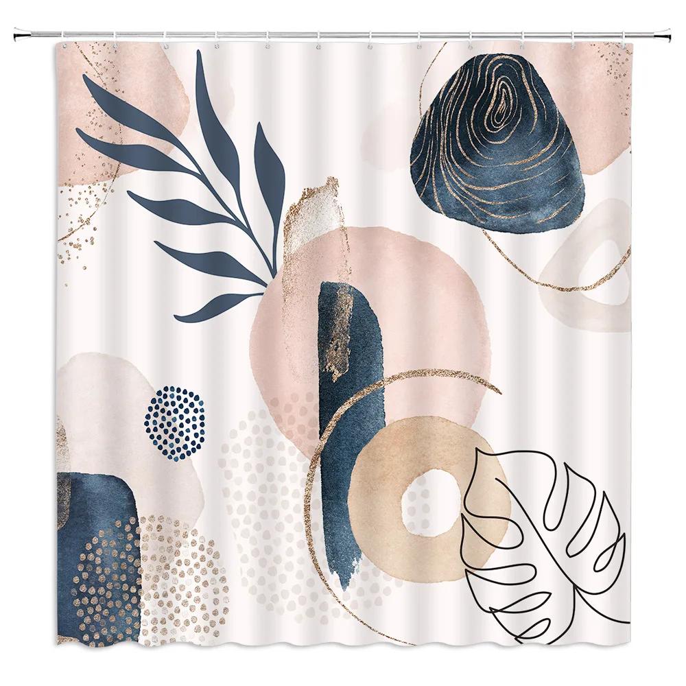 Fabric Geometric Shower Curtain, Mid-Century Modern Geometric  Herringbone Chevron Blue Black Gray Square Bathroom Decoration