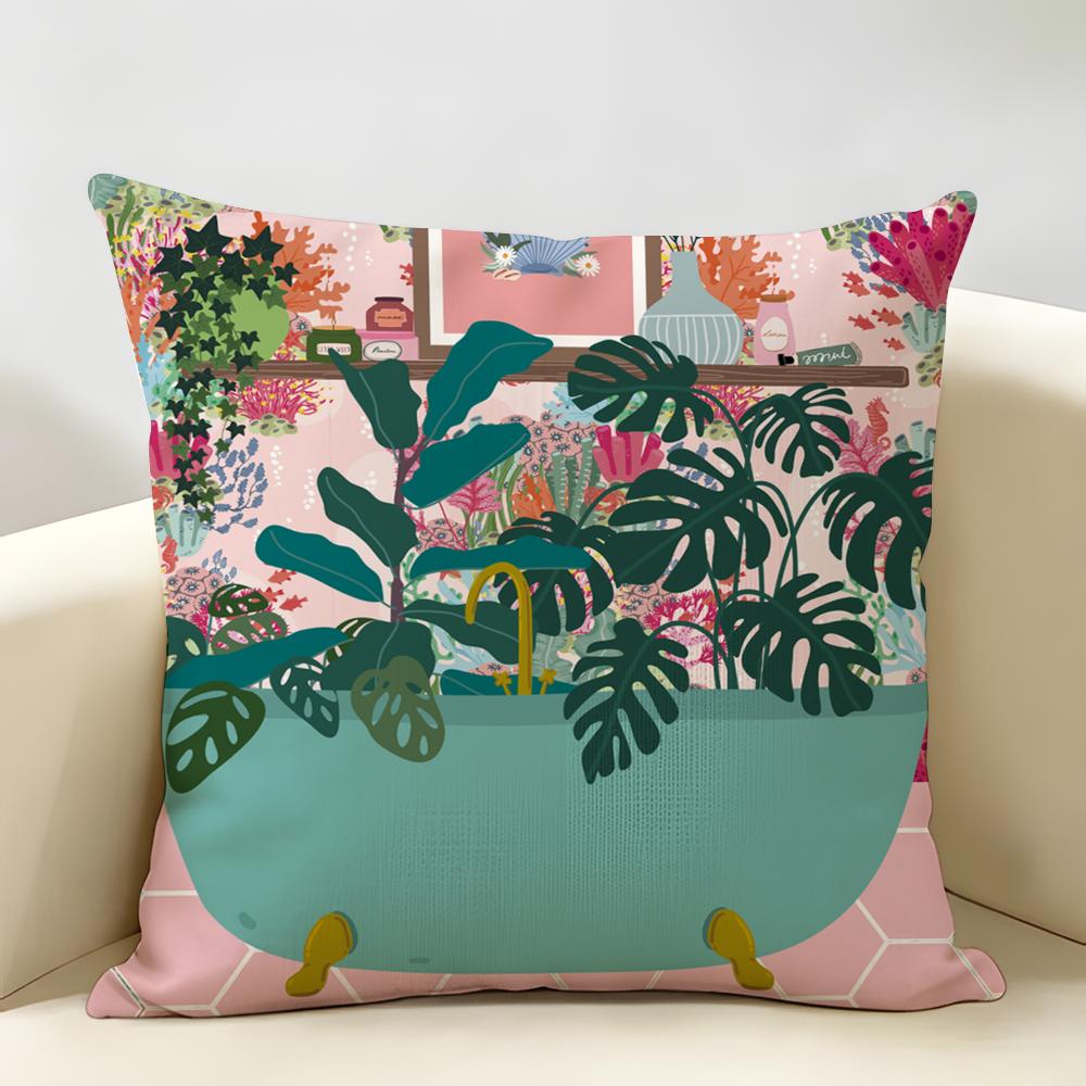 Botanical House Plants Boho Retro Vase Cushion Cover Natural Linen Organic Fabric Double-Sided Printing Breathable Home Decor