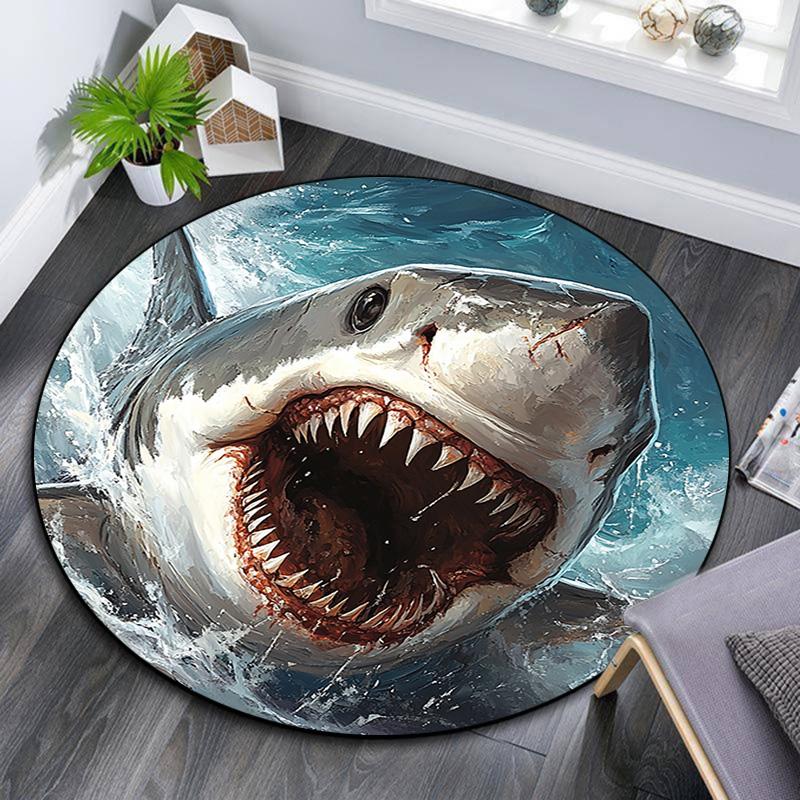 Shark Attack Round Area Rug,Carpet Rug for Living Room Bedroom Sofa Playroom Decor,Non-slip Floor Mat