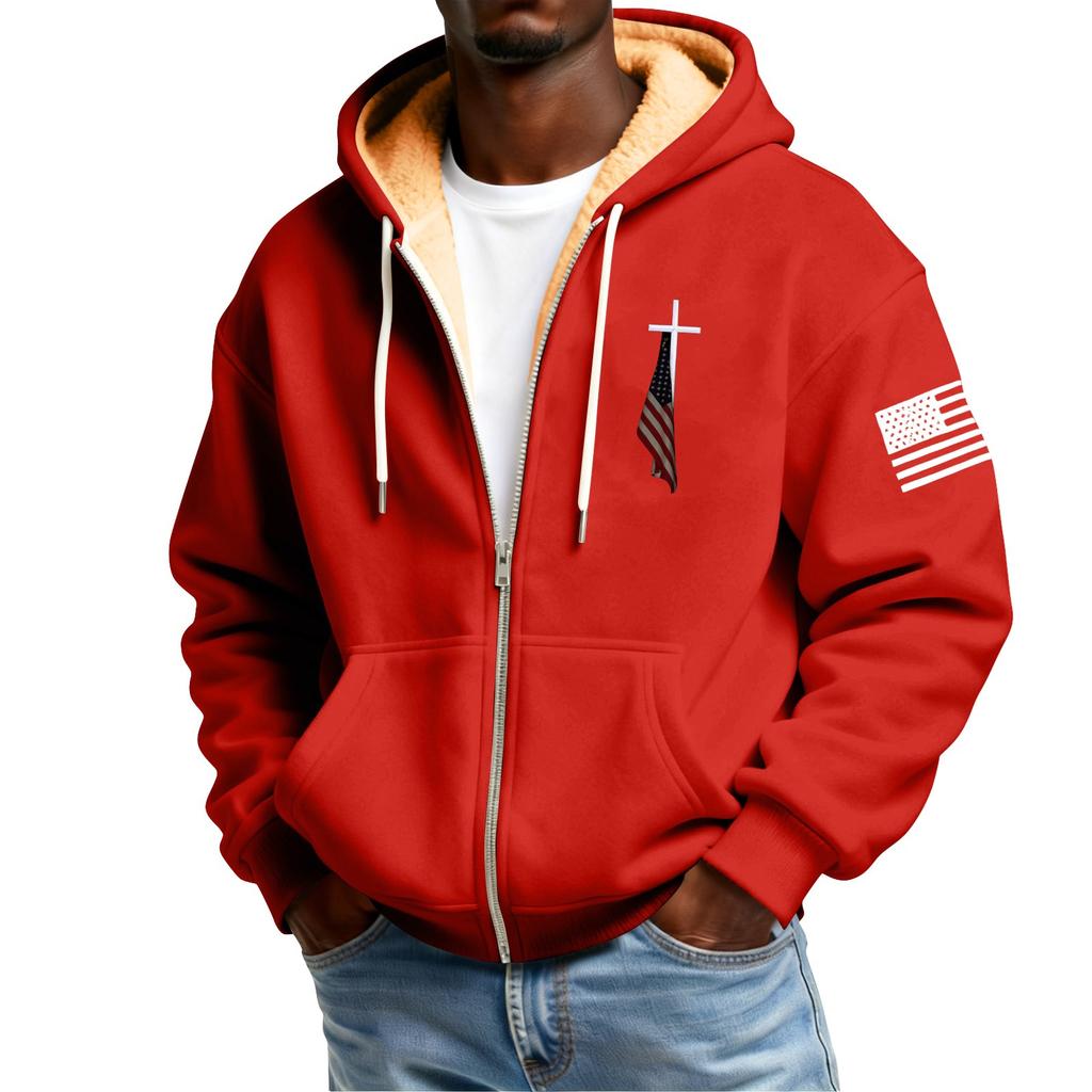 Men's Flag Print Fleece-Lined Zip-Up Pocket Hooded Sweatshirt Cardigan Men's Casual Sweatshirt Cardigan