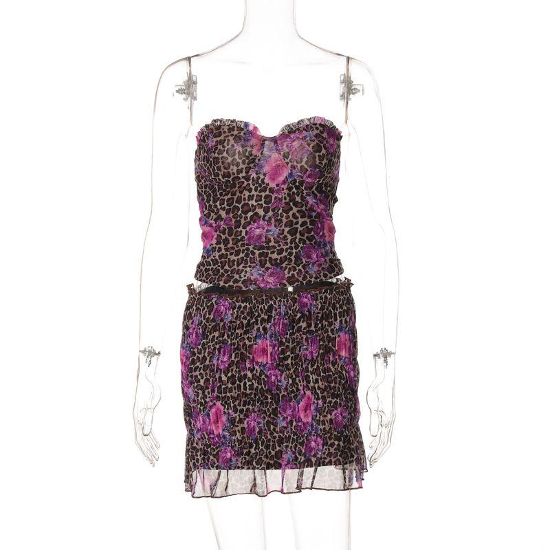 Shemoda Retro Print Double-Layer Mesh Patchwork Sexy Suit Women's off-Neck Tube Top Tops Skirt