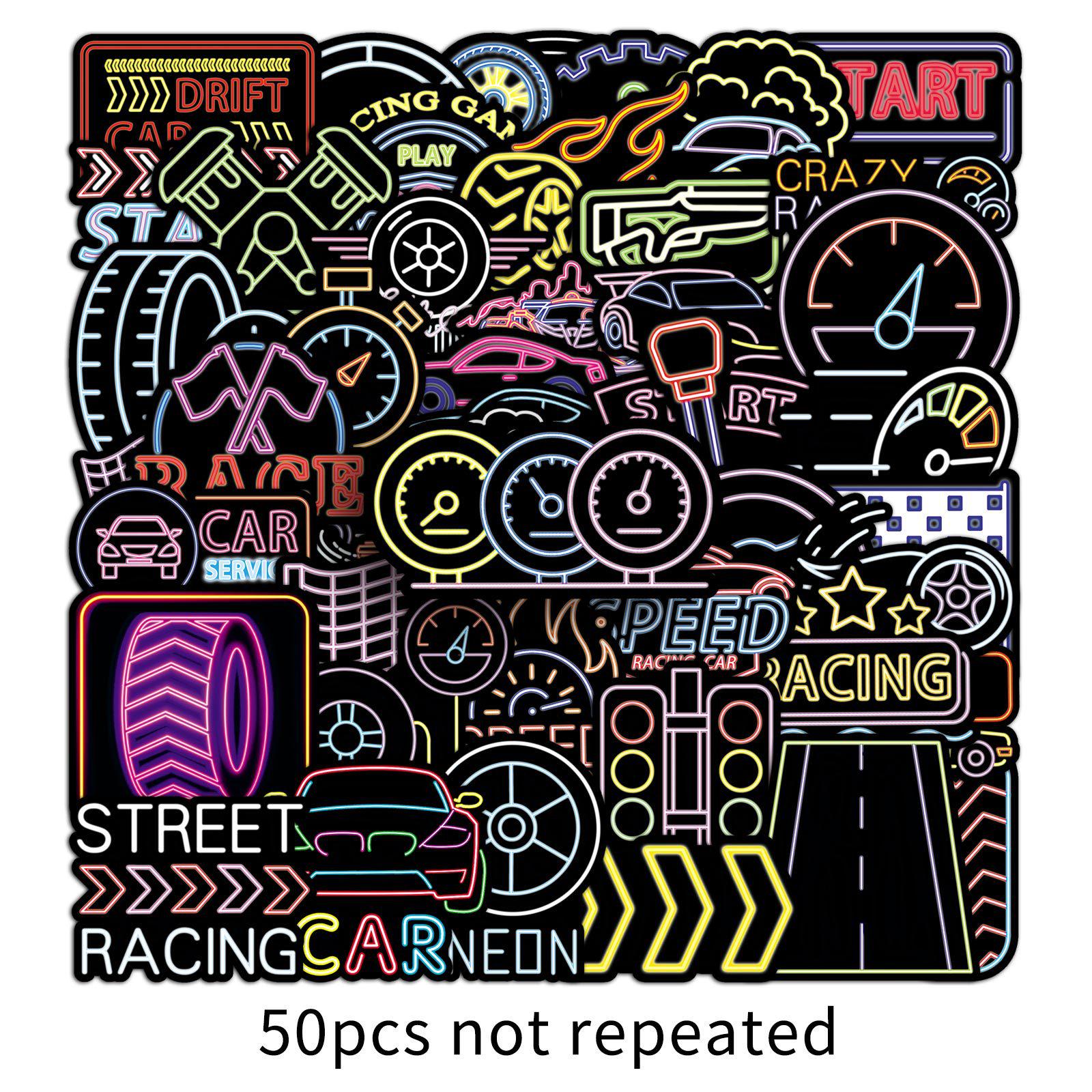 50 Neon Cartoon Racing Stickers - Waterproof, Creative, Cool for Earphones, Laptops, Journals, and Motorcycles
