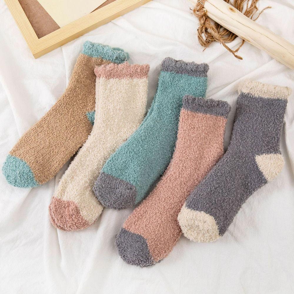 5Pairs Winter Coral Fleece Socks Patchwork Warm Boat Socks Women Cute Floor Plush Socks  Autumn