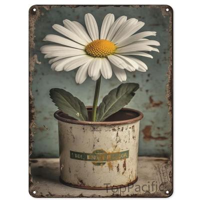 Vintage Tin Sign Flowers, White Daisy with Dew Drop Metal Sign, Retro Wall Decor for Home Cafes Office Store Pubs Club