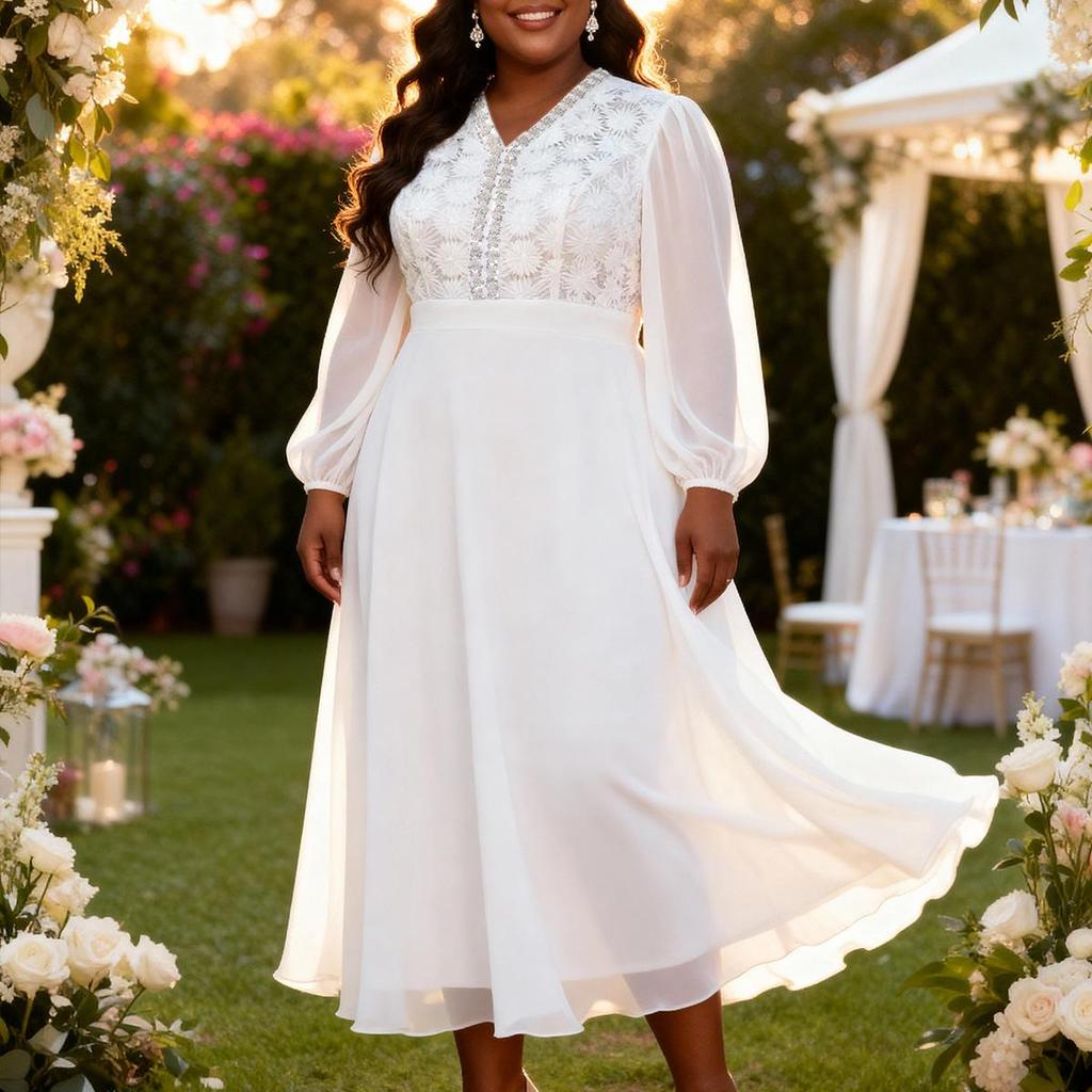 Weißes Spitzen-Chiffon-Kleid für Damen in Übergröße mit V-Ausschnitt, Fledermausärmeln & taillierter Taille für Hochzeiten oder Partys