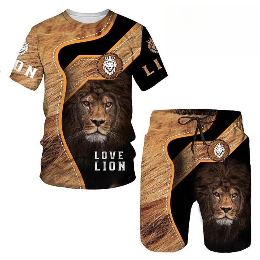 Summer Round Neck 3D Animal Printed Set Fashionable and Casual Short Sleeved Shorts Men's Sport Wear