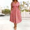 Women’s Short Sleeve V Neck Floral Print Midi Dress with Cross Pleated Waist and A Line for Casual Wear