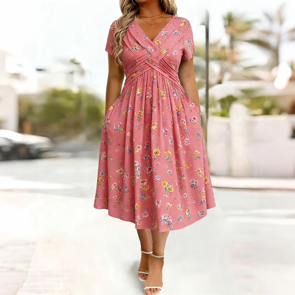 Women’s Short Sleeve V Neck Floral Print Midi Dress with Cross Pleated Waist and A Line for Casual Wear