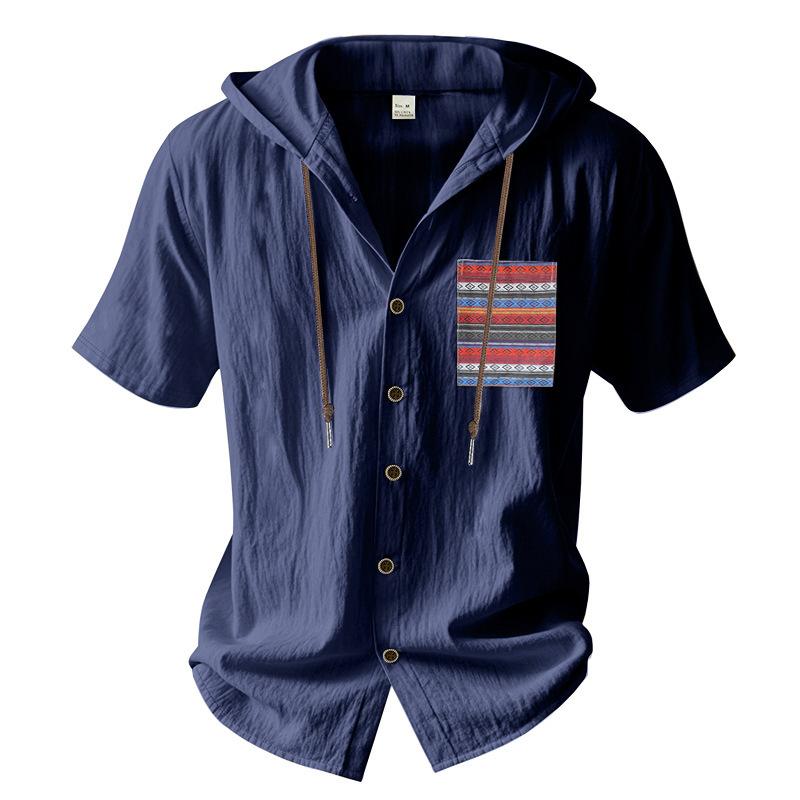 Summer Men's Lightweight Pocketed Breathable Linen Loose-Fit Hooded Cardigan Short-Sleeved Shirt
