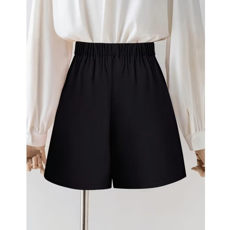 Women Black High Waist Single Button Pleated Wide Leg Loose Casual Skort Shorts