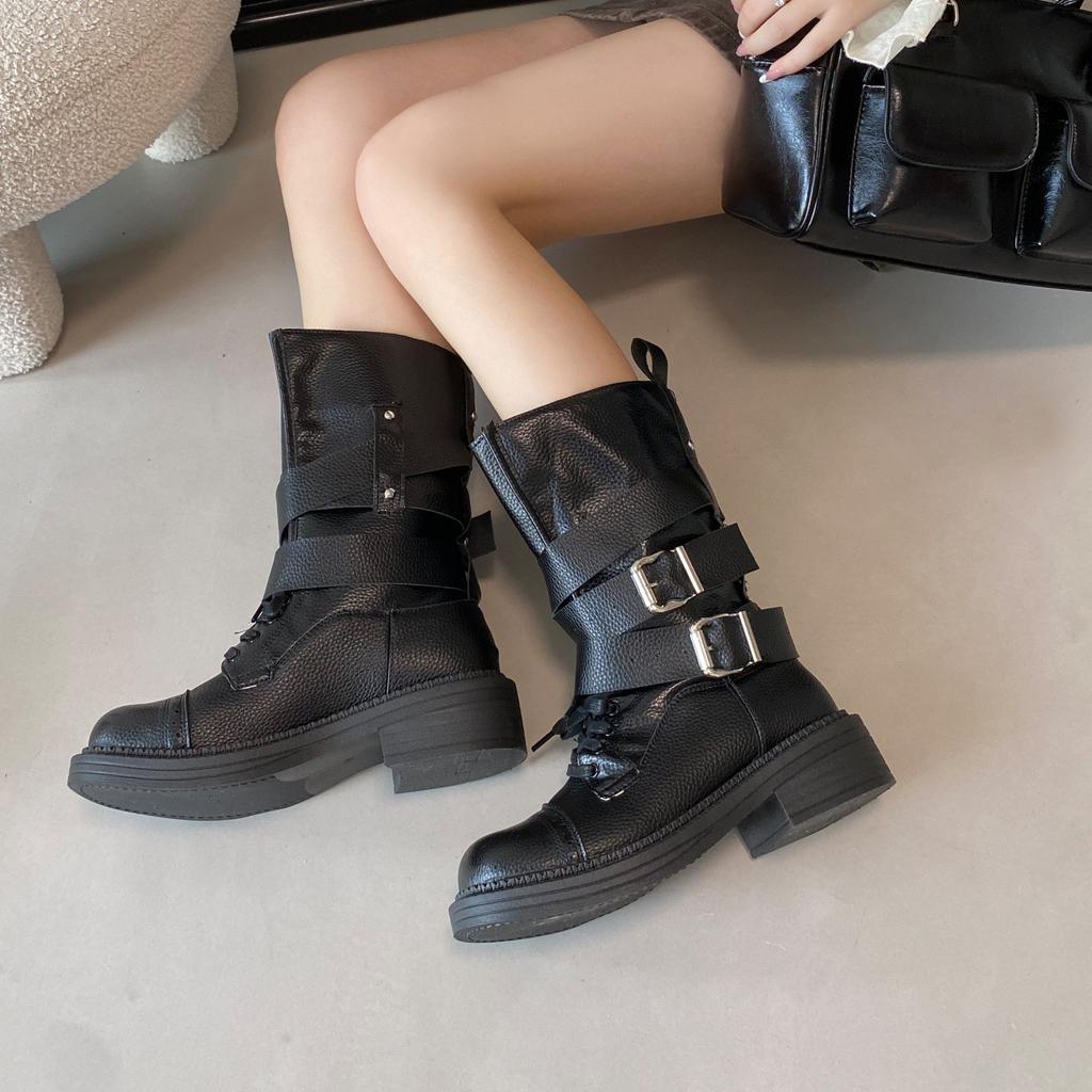 Summer boots 2025 new retro belt buckle locomotive boots thick heel British style knight boots outdoor wear short boots