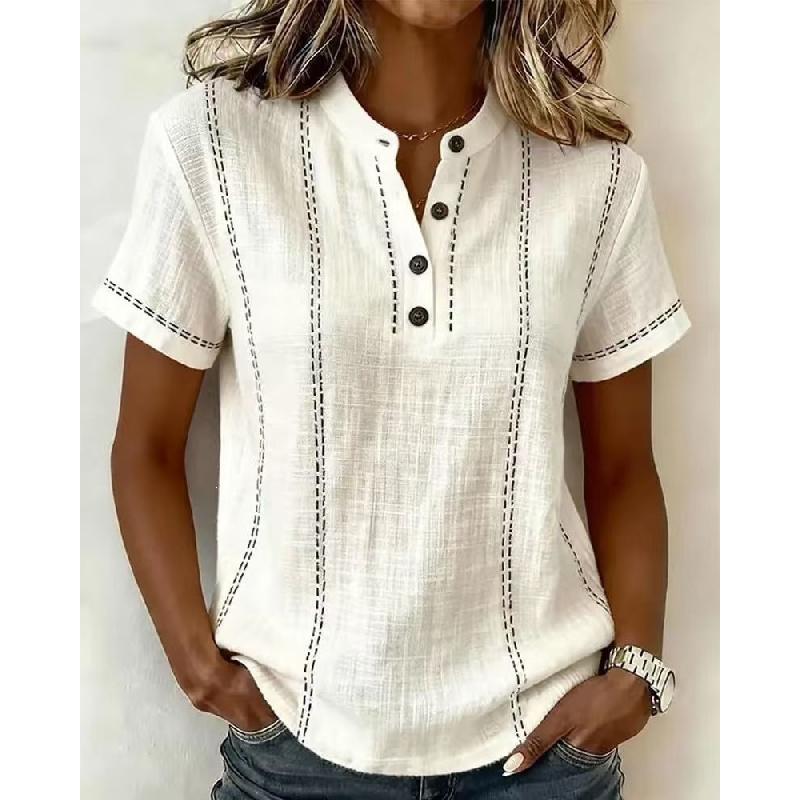 2026 New Casual Short-Sleeve Stand Collar Solid Color Patchwork Women's Shirt