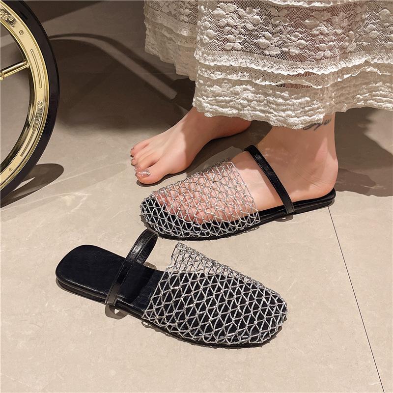 Summer Fisherman Flat Bottom Round Head Baotou Half Slippers Niche Fishnet Weaving Hollow Out Roman Sandals Women