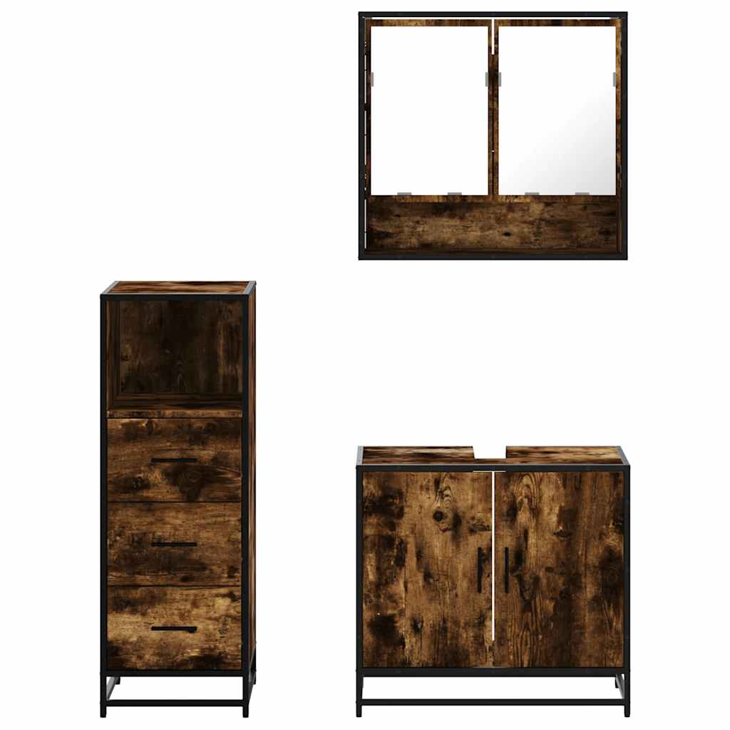 3 Piece Bathroom Furniture Set Smoked Oak Wood Based Material