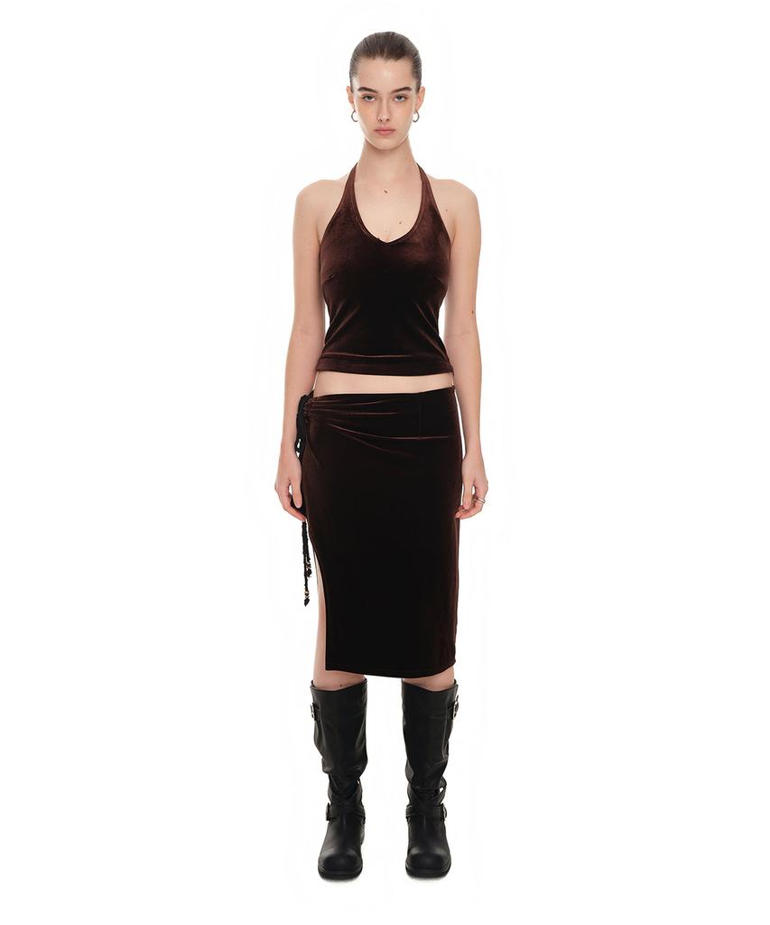 Too Much Tax Velour Midi Skirt Dark Brown