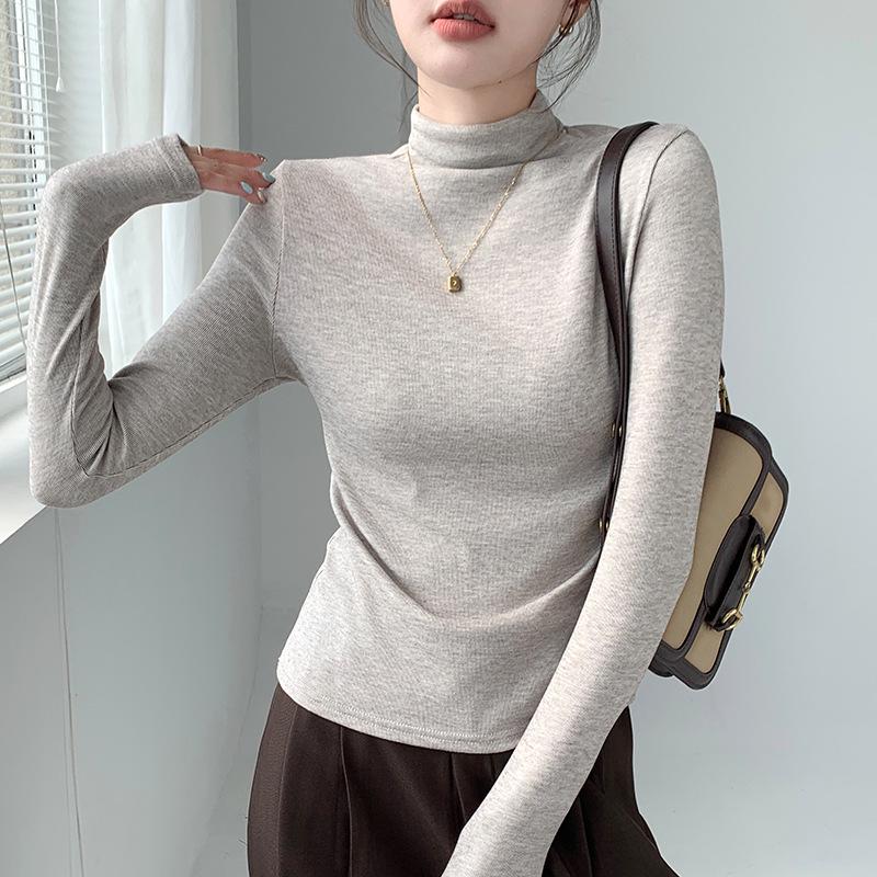 Women's H393 High Neck Warm Slimming Long Sleeve Top - Autumn/Winter Solid Color Versatile Mid-Neck Base Layer Shirt.