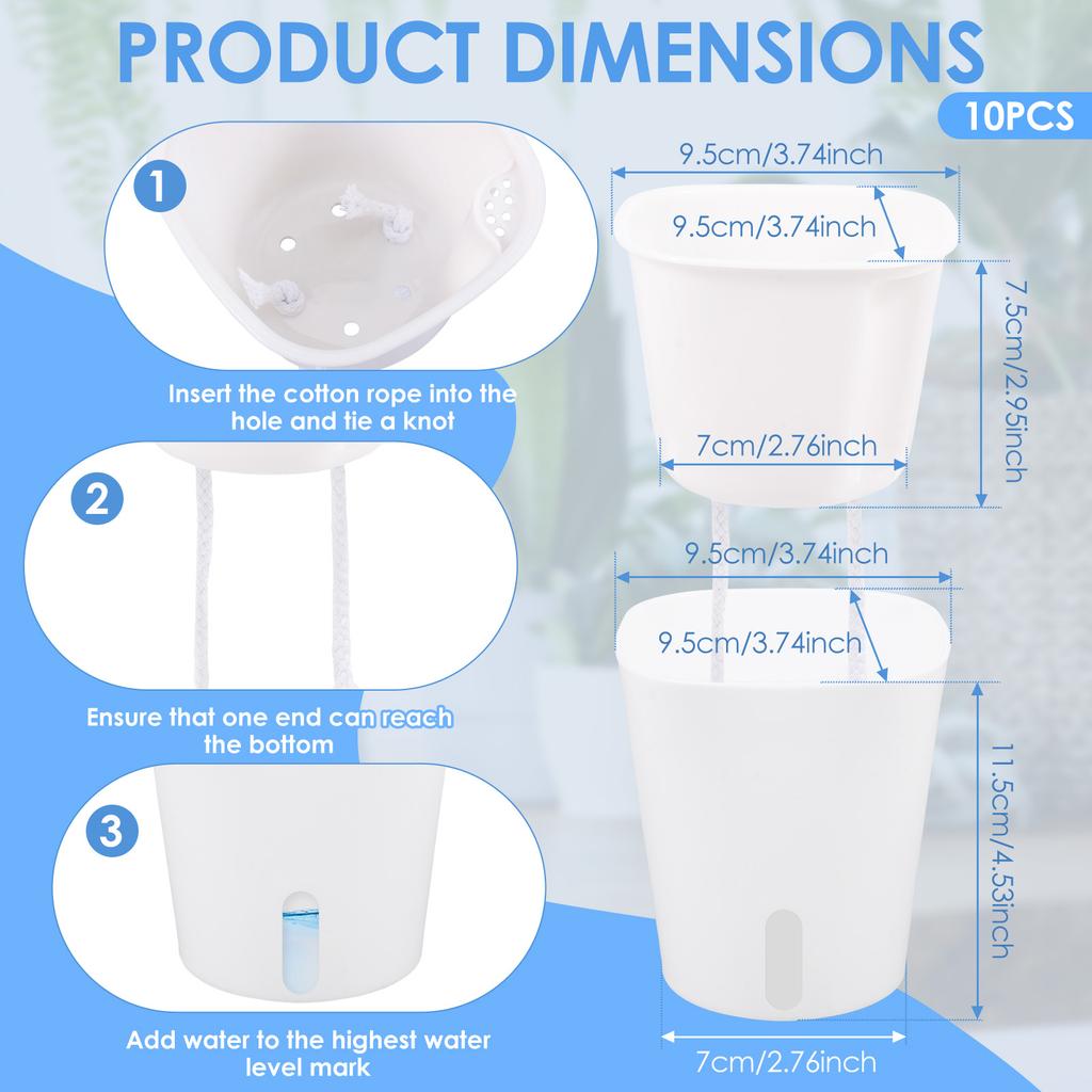 10 st Självvattnande Blomkruka Dubbelskikts Plast Planteringskruka med Bomullssnöre & Genomskinlig Innerkopp Trädgård Liten Blomkruka