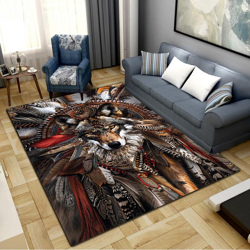 Native Indian Wolf Carpet Rug for Living Room Bedroom Home Sofa Decoration,Kids Play Non-slip Floor Mat
