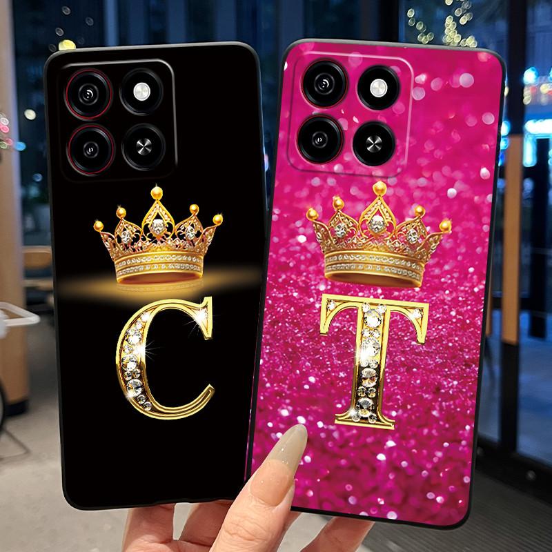 Cool Lucky A-Z Letter Phone Case For ZTE Blade A35/A55 Soft Silicone Black Case Shockproof Luxurious Glitter Crown Shell