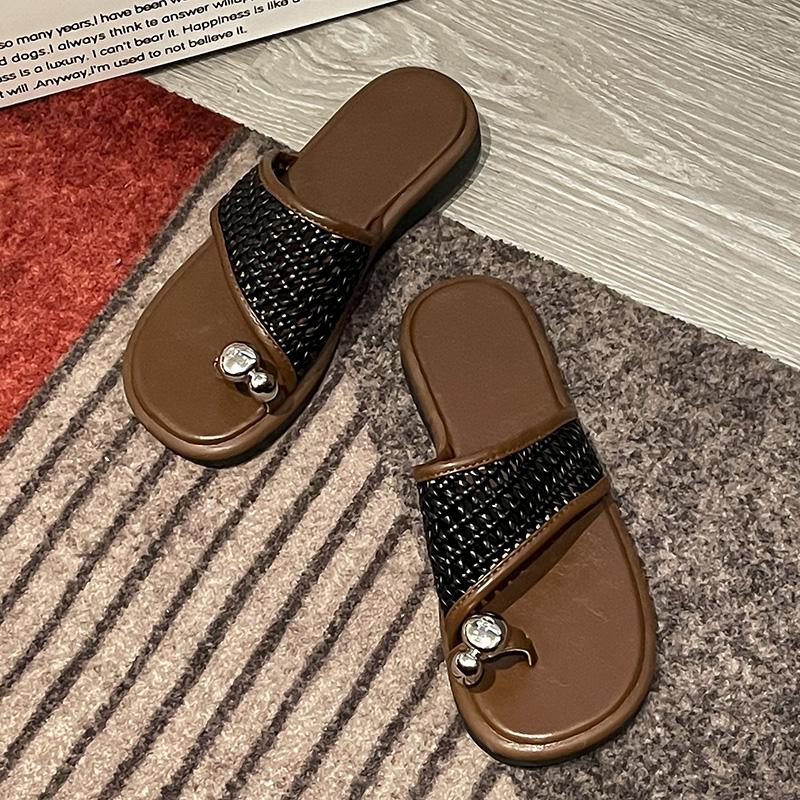 Fashion New Women's Platform Sole Slippers Toe Clip Weave Metal Decoration Flip Flops Dress Daily Hollow Upper Zapatillas De Mujer