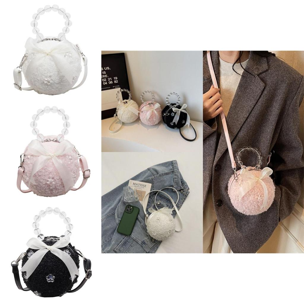 Nuova Borsa Rotonda Peluche con Perline Stile Cinese Portatile per Uso Quotidiano Casual