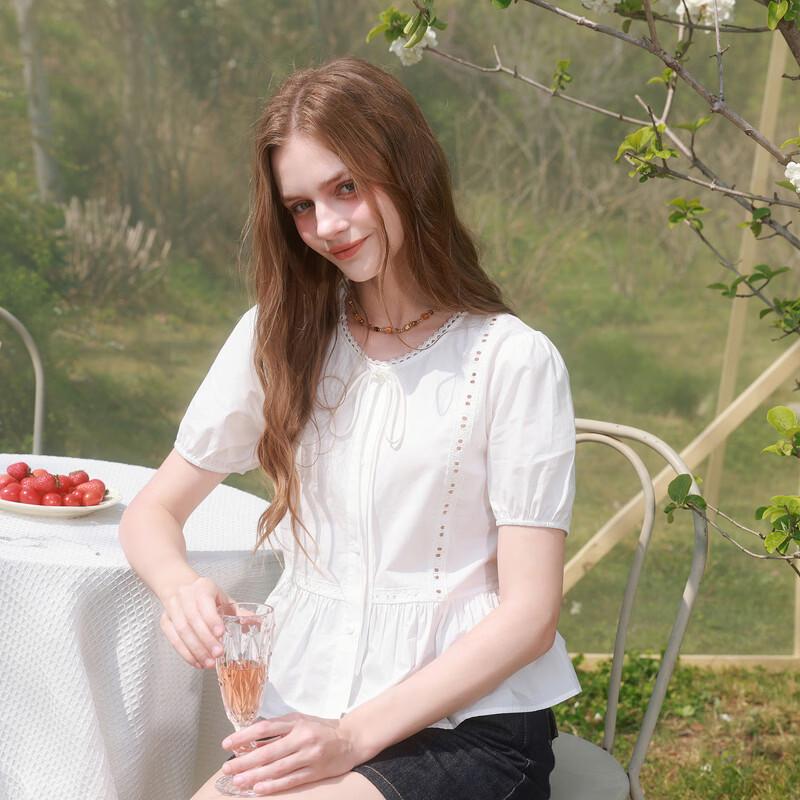 Sancai 2026 Summer 100% Cotton Round Neck Puff Sleeve Waist-Cinching White Shirt
