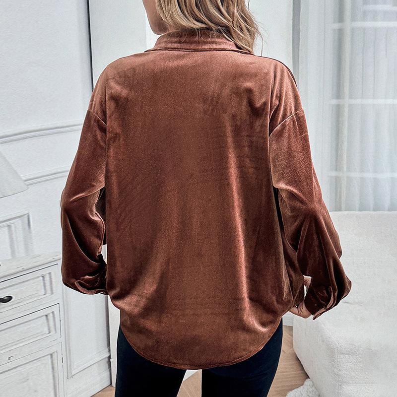 Women's Lapel Shirt Spring Autumn Long Sleeve Velvet Cardigan Top