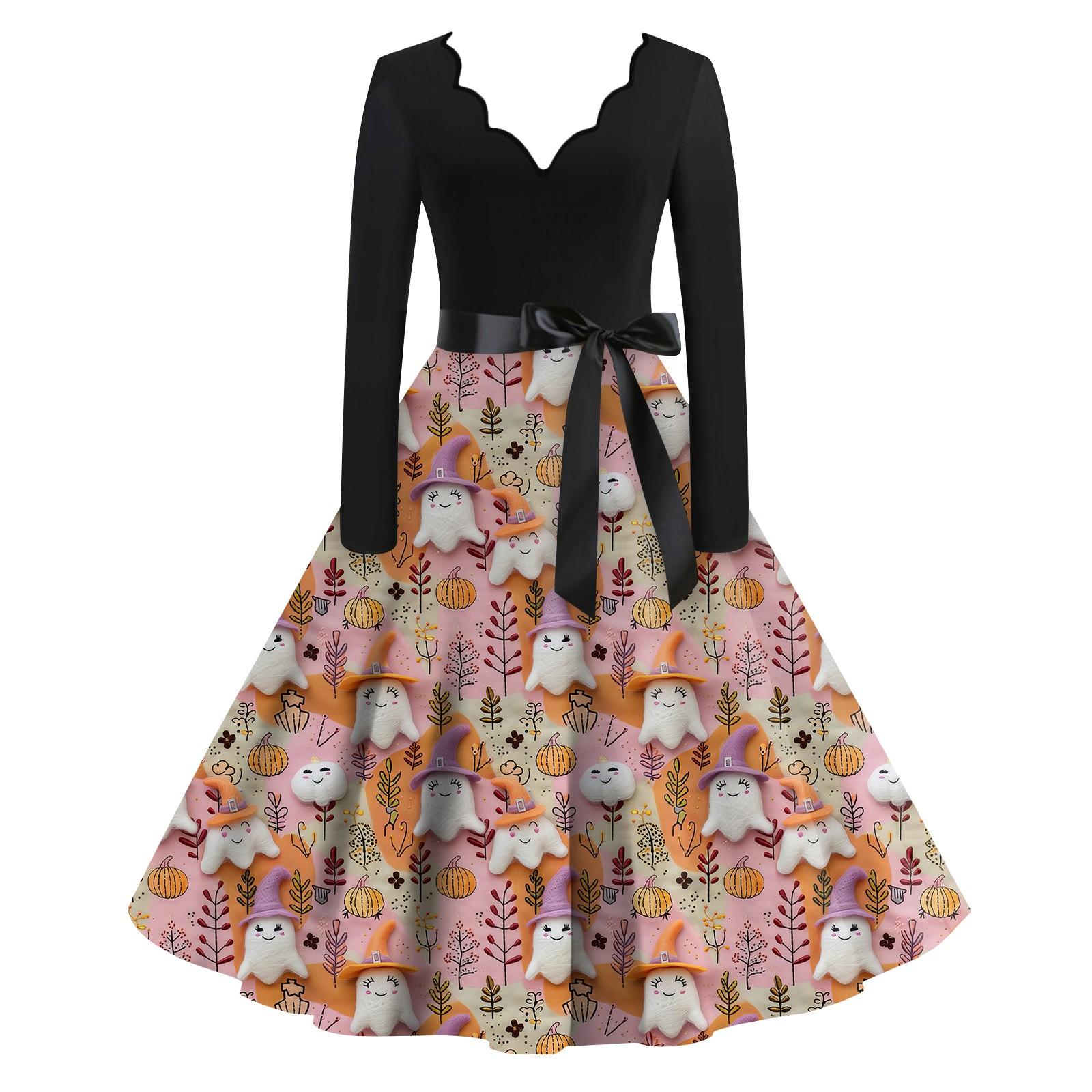 Женская повседневная мода с длинным рукавом Хэллоуин принт винтажные длинные платья осень — фото 10