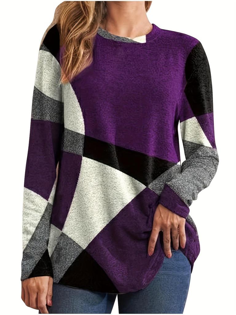 Plus Size Women's Color Block Geometric Print Long Sleeve Top - Multiple Colors, Spring/Autumn Style