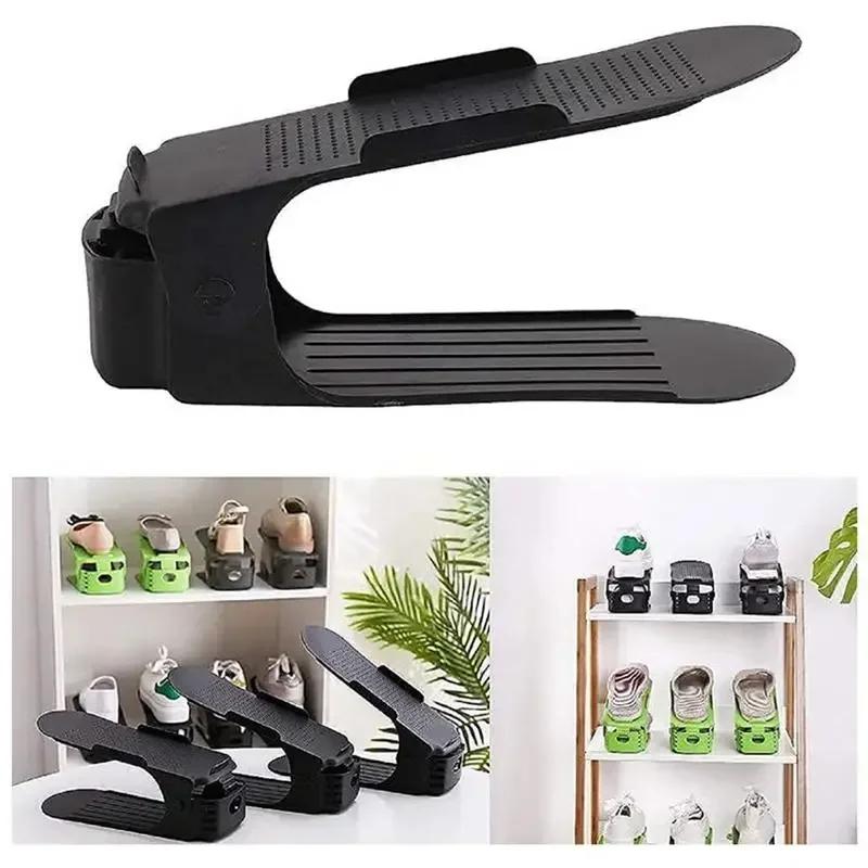 Household Creative Plastic Double Layered Adjustable Shoes Organizer Folding Shoe Storage Shoe Rack for Closet Organization