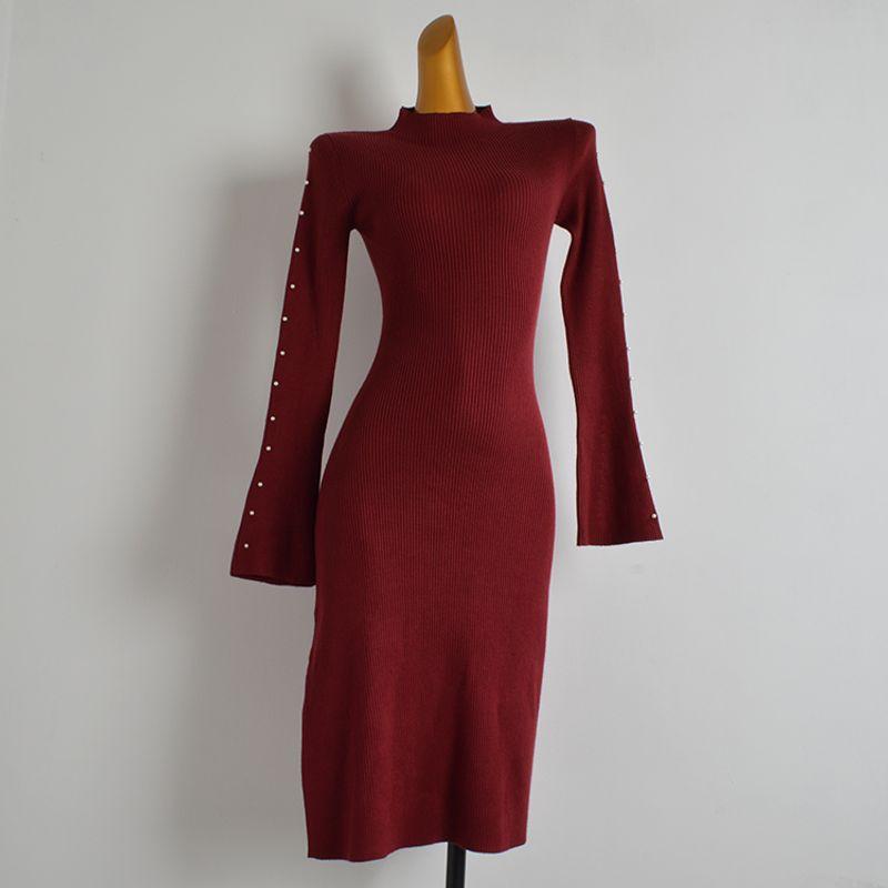 

Fashion Style New Arrival Heavy Industry Beads Bell Sleeve Knitting Dress Women s Clothing Silm Mid Length Long Length Slit Sheath Skirt Burgundy L