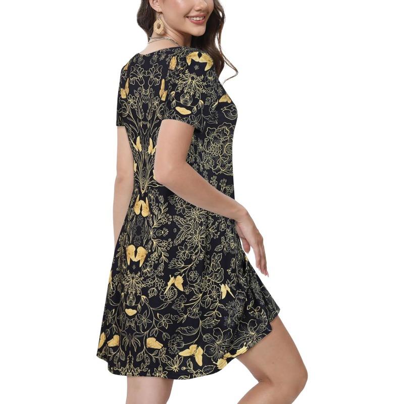 JKASHDK Abiti casual con stampa a fiori, a maniche corte, con scollo a V e vita larga, alla moda estiva da donna