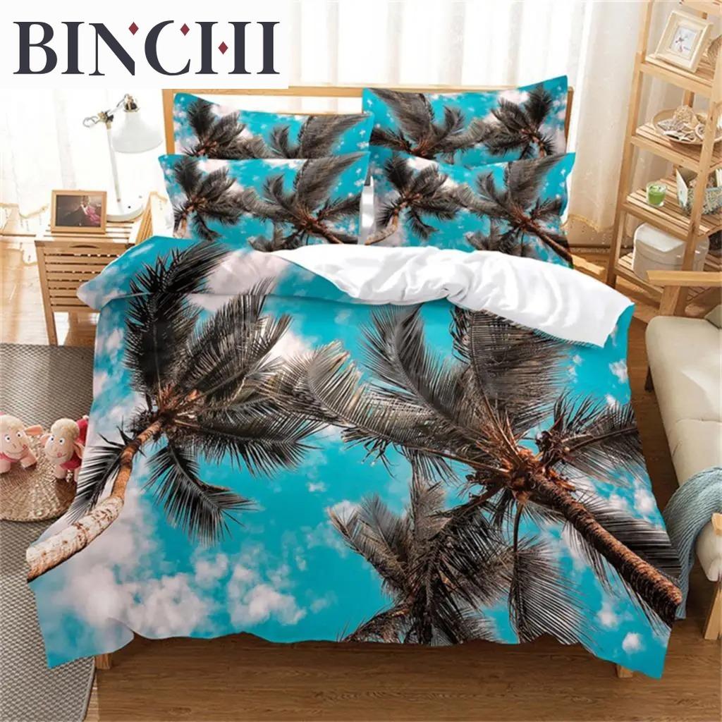 Beach Coconut 3D Tree Duvet Cover Ocean Beach Plants Bedding Collection Comforter Cover Collection For Boy Girls Bedroom Decor Bedding Collections