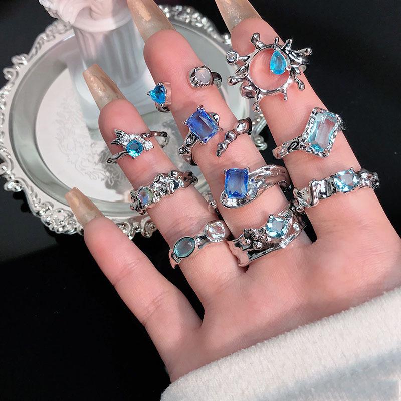 Aquamarine Series Pear-Shaped Zir*****Pen Ring Niche Design Irregular Ring French Index Finger Ring Women