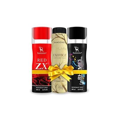 RAMSONS Deo Talc Combo | 1 Red ZX Deodorant Spray - 200ml | 1 Rhymes Deodorant Spray - 200ml | 1 Exotica Perfume Talc - 100gm | Combo Pack Of 3