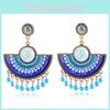 Trendy Geometric Fan Tassel Beaded Earrings For Women In Blue With Alloy Material