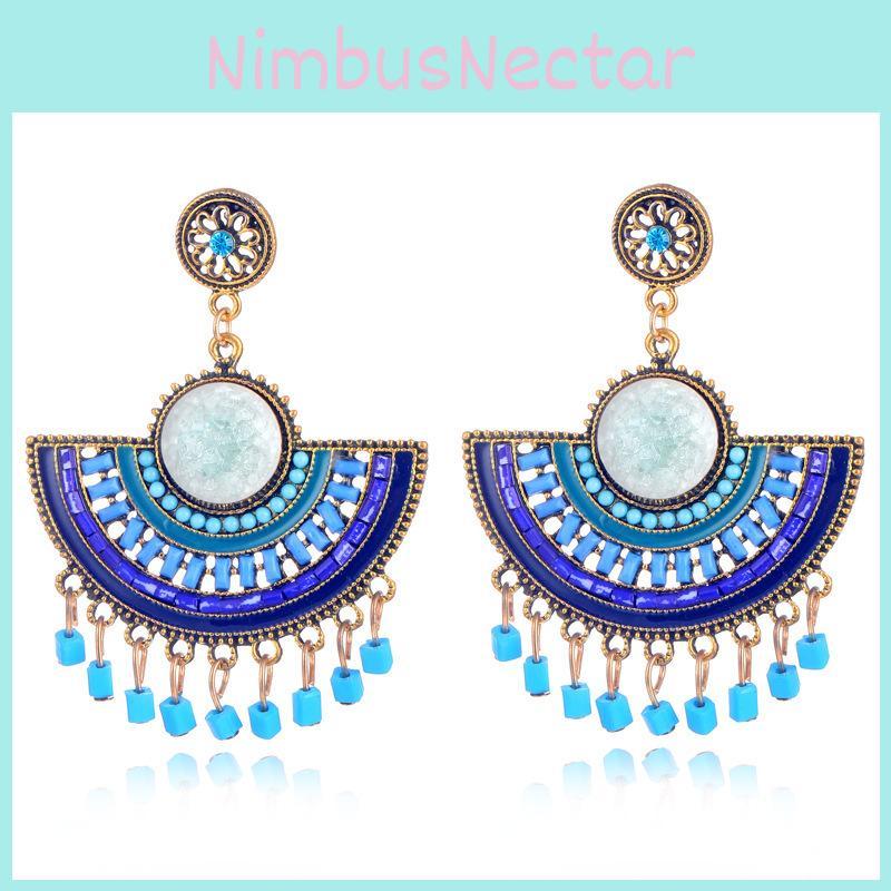 Trendy Geometric Fan Tassel Beaded Earrings For Women In Blue With Alloy Material