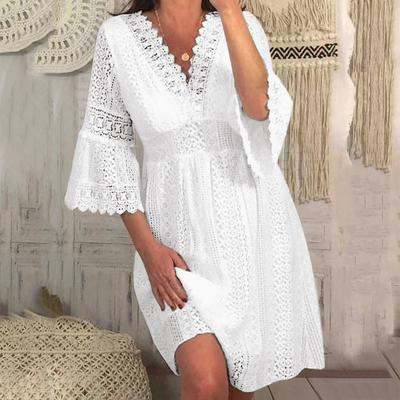 Womens Lace Casual Loose Dress V Neck Hollow Lace Flare Sleeve Dresses Plus Size White Dress Female Vintage Casual Beach Dresses