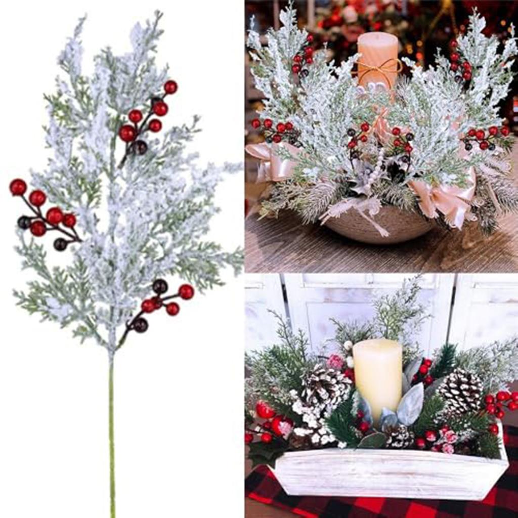 Artificial Christmas Flowers With Red Berry Stems, Fake Norfolk Garland Branches For Winter Decor, Faux Christmas Garland Tree Picks And DIY Crafts