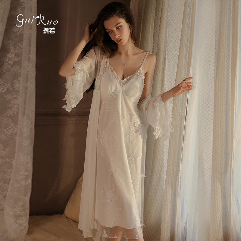 Women's Plus Size Padded Embroidered Long Cami Sleep Dress with Robe Set