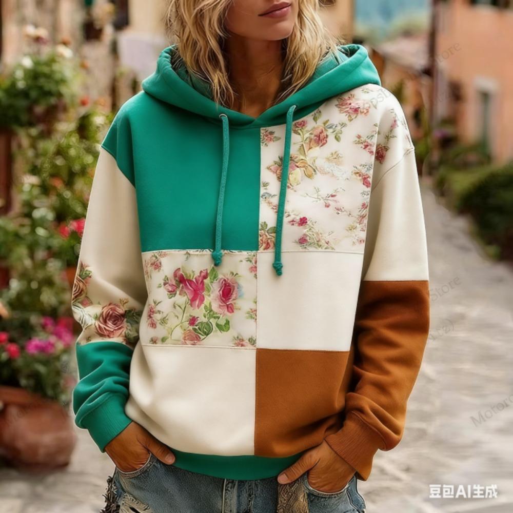 Spring Autumn Fashion Vintage Floral Print Women's Hoodie Women Casual European American Style Hoodie Sweatshirt Women Clothes Top