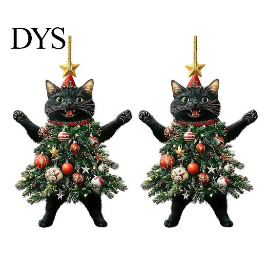 Creative Cat Crafts 2Pcs Christmas Acrylic Ornament, 2D Flat Kitty Hanging Pendant with Party Favors for Santa Hat Tree Decor, Car Rearview