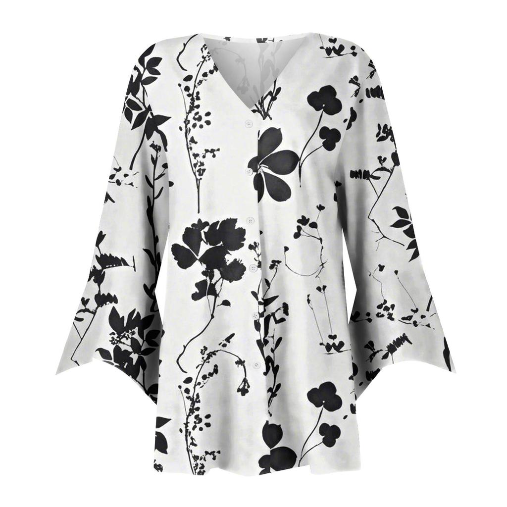 Women's Fashion Loose Casual Printed Seven-Part Sleeve Button Down Blouse Cardigan Top