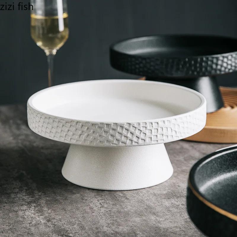 Round Ceramic Pasta Steak Plate Salad Bowl Soup Basins Cooking Plate Kitchen Solid Color Tableware High Foot Snack Desserts Tray