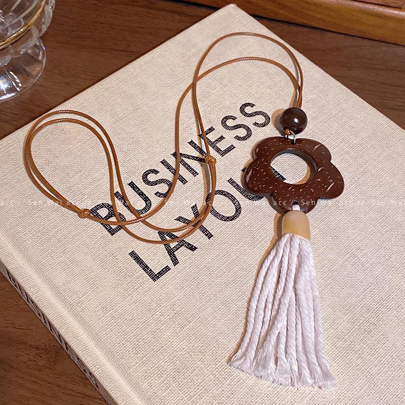 

Zen national style long woven rope wooden necklace women s retro ethnic style sweater chain bohemian style sweater chain