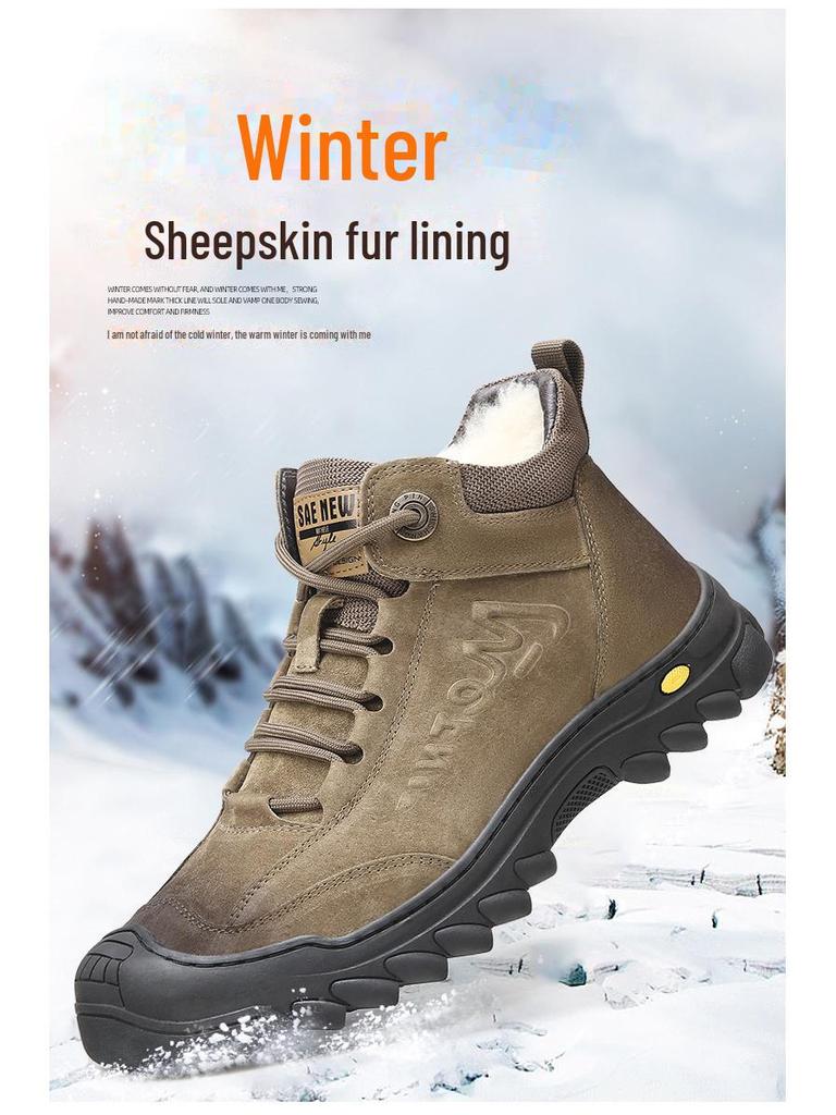 Vintersnøstøvler for menn: Ekte skinn, Tykk fløyel, Utendørs bomullssko med ullfôr for varme